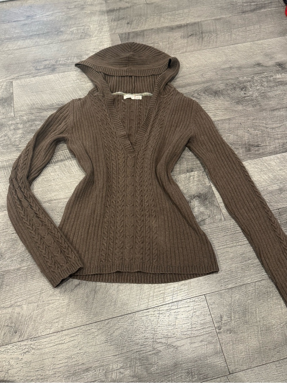 Old Navy Brown Cable-Knit Hooded V-Neck Pullover Sweater Long Sleeve M